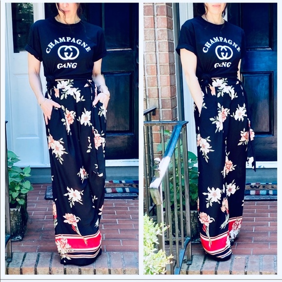 GORGEOUS BLACK FLORAL PRINT WIDE LEG PANTS - Picture 2 of 15